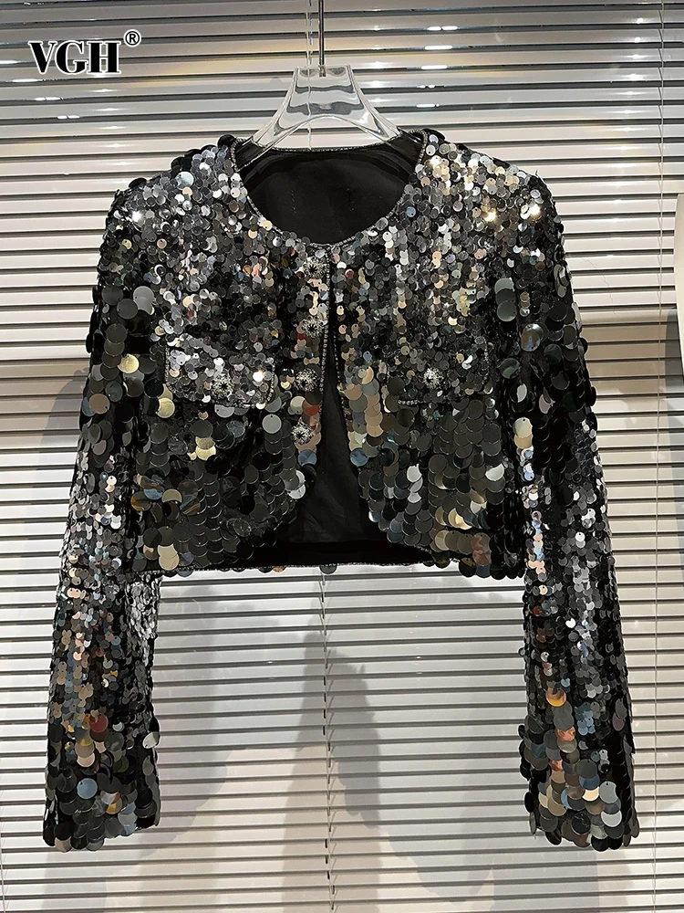 

Женское лоскутное пальто с блестками VGH, повседневное пальто с круглым вырезом и длинным рукавом, притягательное пальто на пуговицах, женская модная одежда, новинка