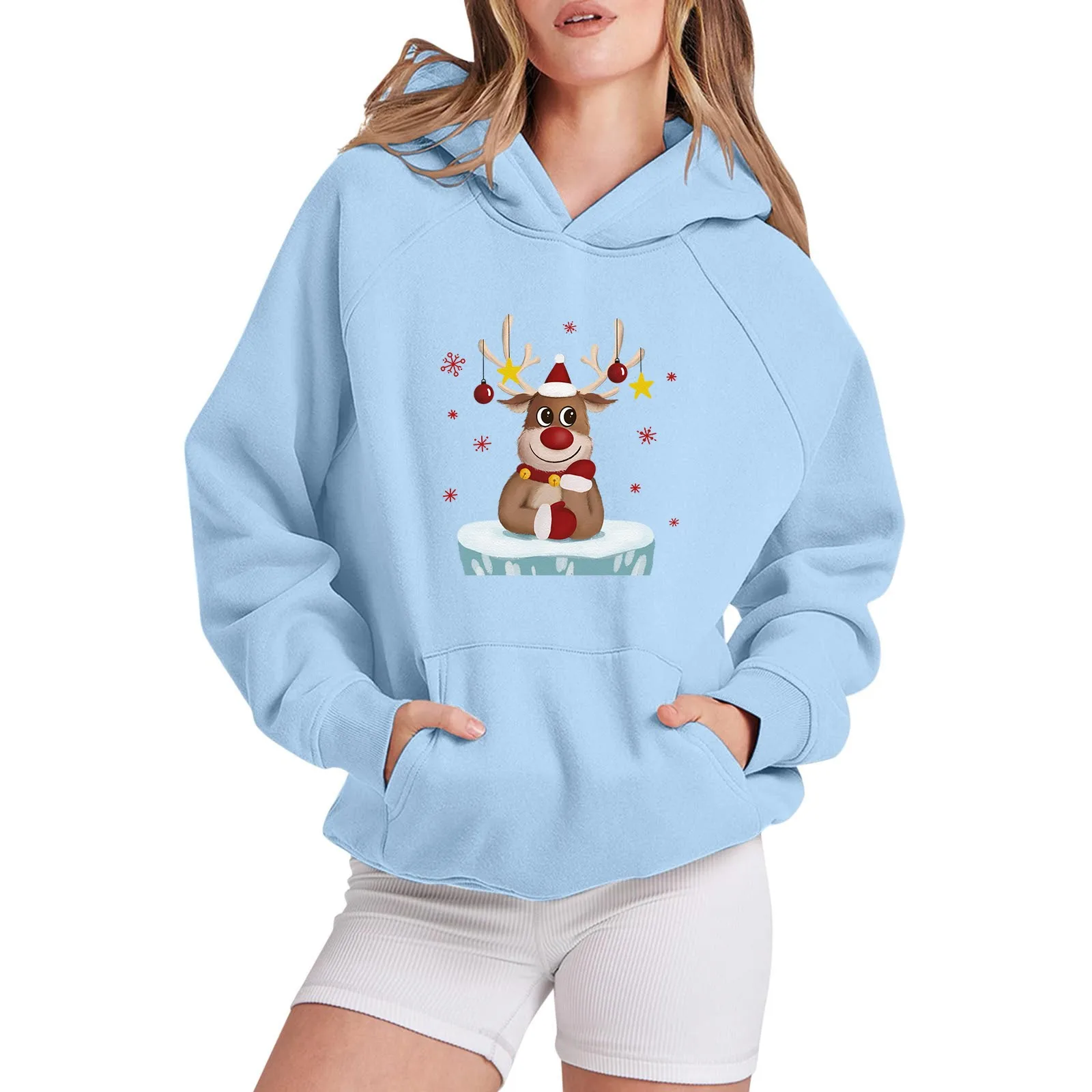 

Свитшот на молнии для женщин, женская Рождественская Снежинка с длинным рукавом реглан, шапка с Санта-елкой, свитер с капюшоном, толстовки для мужчин на молнии