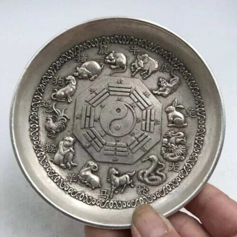 

Exquisite Chinese Tibetan Silver Hand Carved Zodiac Board Table Decoration