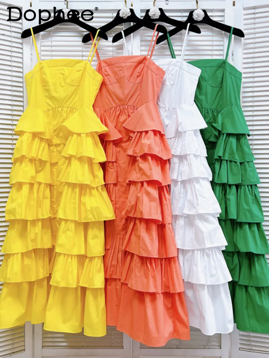 

2023 New Summer Strapless Strap Dress Slim Waist Layer Cake Ruffle Long Dress Sweet Candy Color Seaside Vacation Commuter Dress