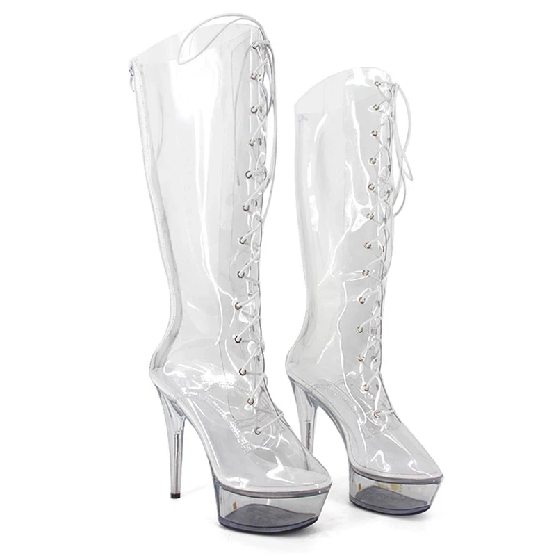 15CM High Heel Transparent Clear Platform Cross-tied Zipper Booties Pole Dance Party Stripper Ladies Shoes