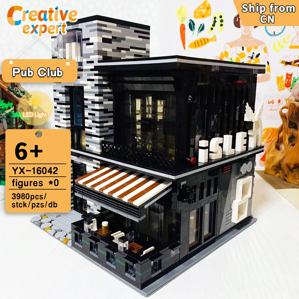 

16042 г., креативный эксперт Moc, паб, клуб, бар, уличный вид, 3980 шт., модульная модель дома, строительный блок, игрушка, строительный блок, брикет с ...
