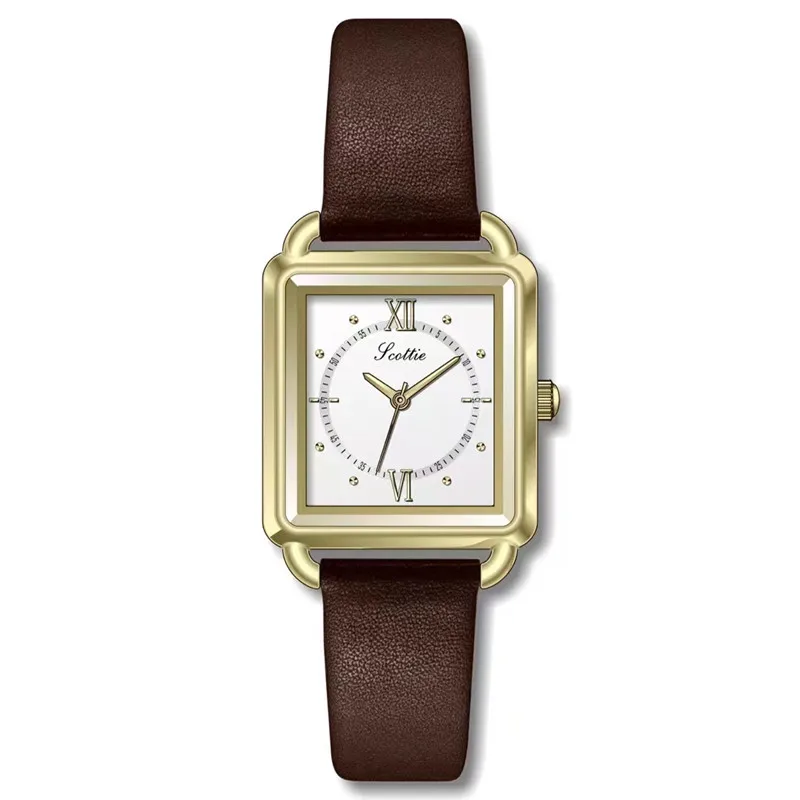 

2023 SCOTTIE High Quality Japan Quartz Gold Watch 26mm Rectangle Dial Genuine Leather Waterproof Ladies Wrist Watch Dropshipping