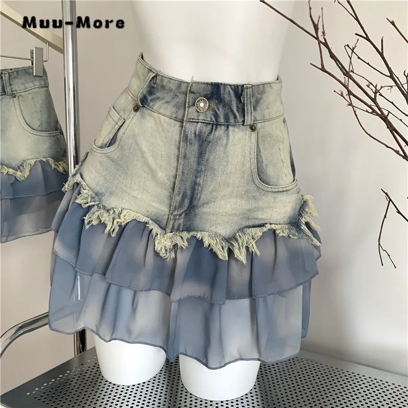 

Женские винтажные шифоновые джинсовые юбки Y2K, уличная одежда в стиле пэчворк, лето 2023, повседневные облегающие привлекательные джинсовые короткие юбки с высокой талией