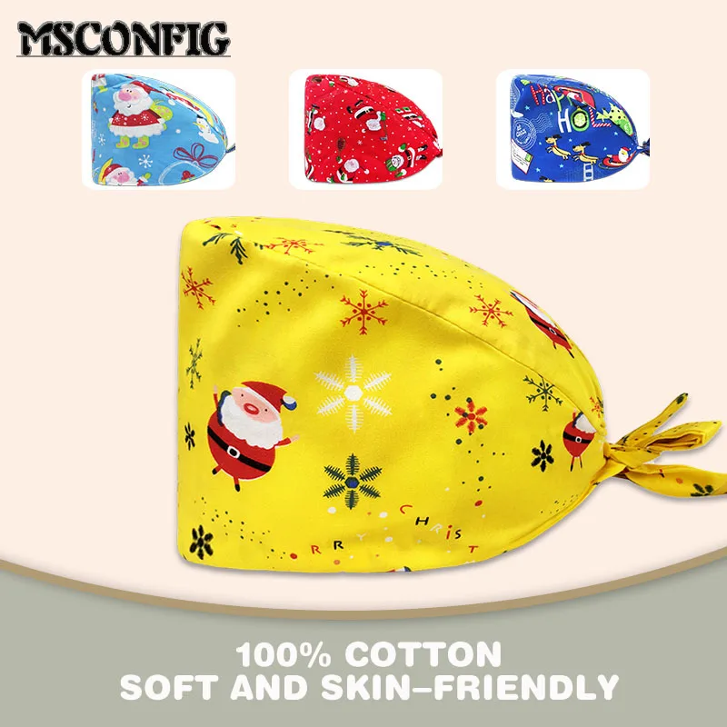 

Шапочка с рождественским мультяшным принтом Санта-Клаус регулируемая для медсестер и дантистов для салона красоты унисекс