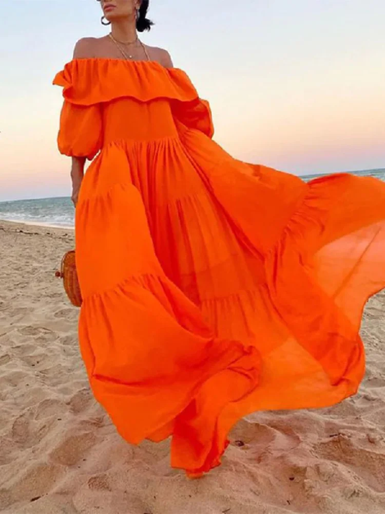 

Missuoo 2023 Summer New Female Orange Solid Color Long Beach Dress Of-the-shoulder Short Puff Sleeves Loose Dresses for Women