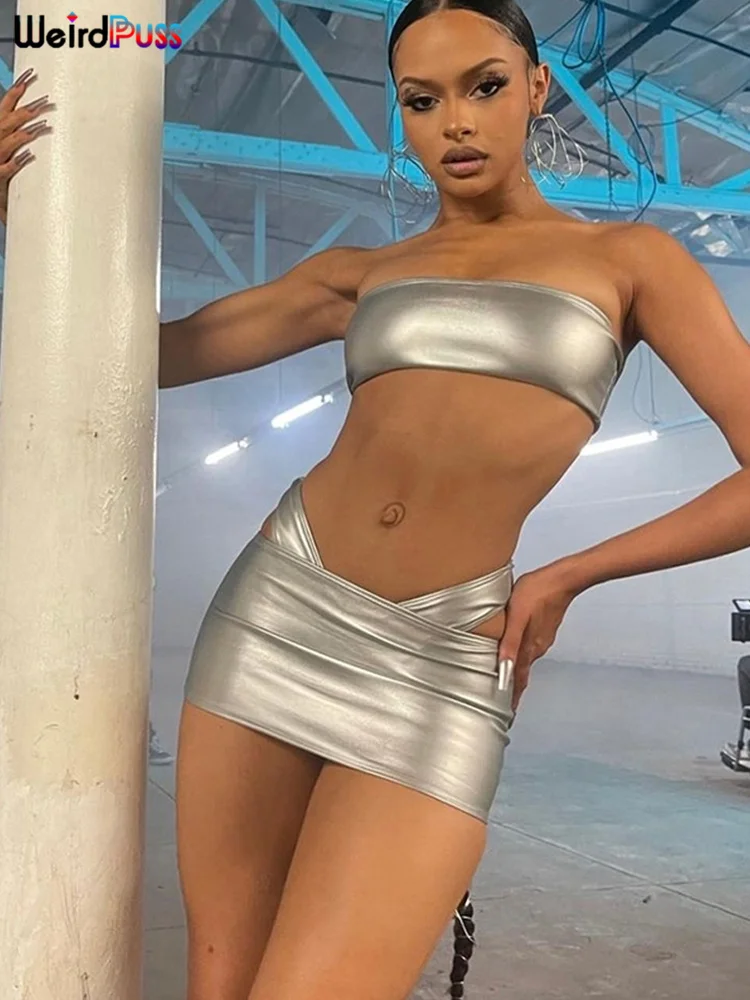 

Женский комплект из двух предметов, из искусственной кожи, Y2K, тонкий, летний, Топ без бретелек и фальшивая юбка