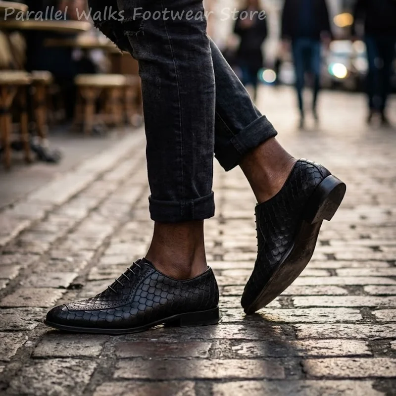 Фото Мужские оксфорды Sartorial из кожи с тиснением под рыбью чешую, броги с острым носком, на шнуровке, для делового стиля, свадебные туфли, оксфорды №5