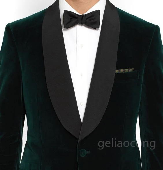 New Popular One Button Dark Green Velvet Blazer Groom Tuxedos Shawl Lapel Groomsmen Mens Wedding Suits 2 Piece(Jacket+Pants)