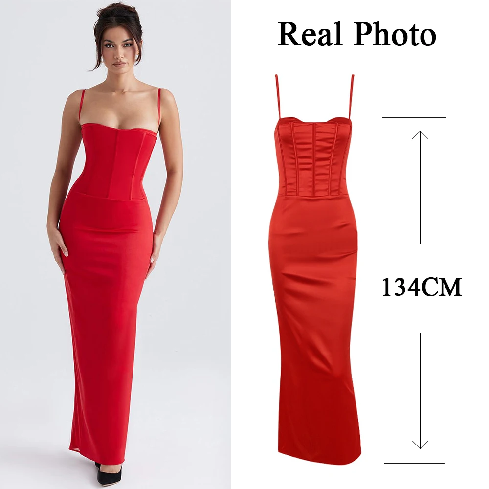 Mingmingxi Elegant Spaghetti Strap Prom Dress Red Satin Bodycon Celebrity Evening Party Dresses Backless Formal Occasion Dress