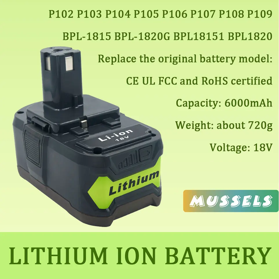 

18V 6000mAh Li-ion Power Tool Replacement Rechargeable Battery for Ryobi ONE P103 RB18L50 RB18L40 P108 P109 P106 P105 P104