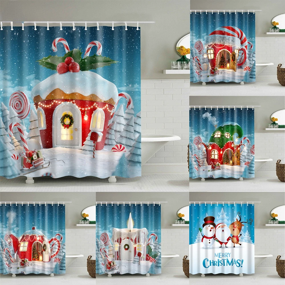 

Merry Christmas Santa Claus Snowman Happy Halloween Bathroom Curtain Set Waterproof Polyester with Hooks Shower Curtains