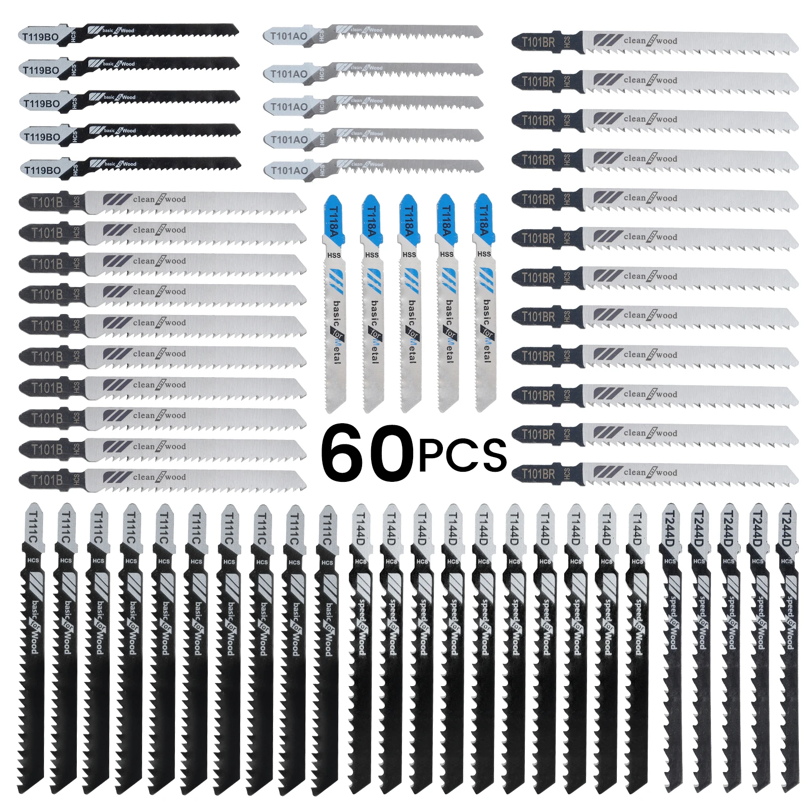 

60Pcs Jig Saw Blade Set HCS Assorted Saw Blades with T-shank Sharp Fast Cut Down Jigsaw Blade for Wood Metal Plastic Cutting