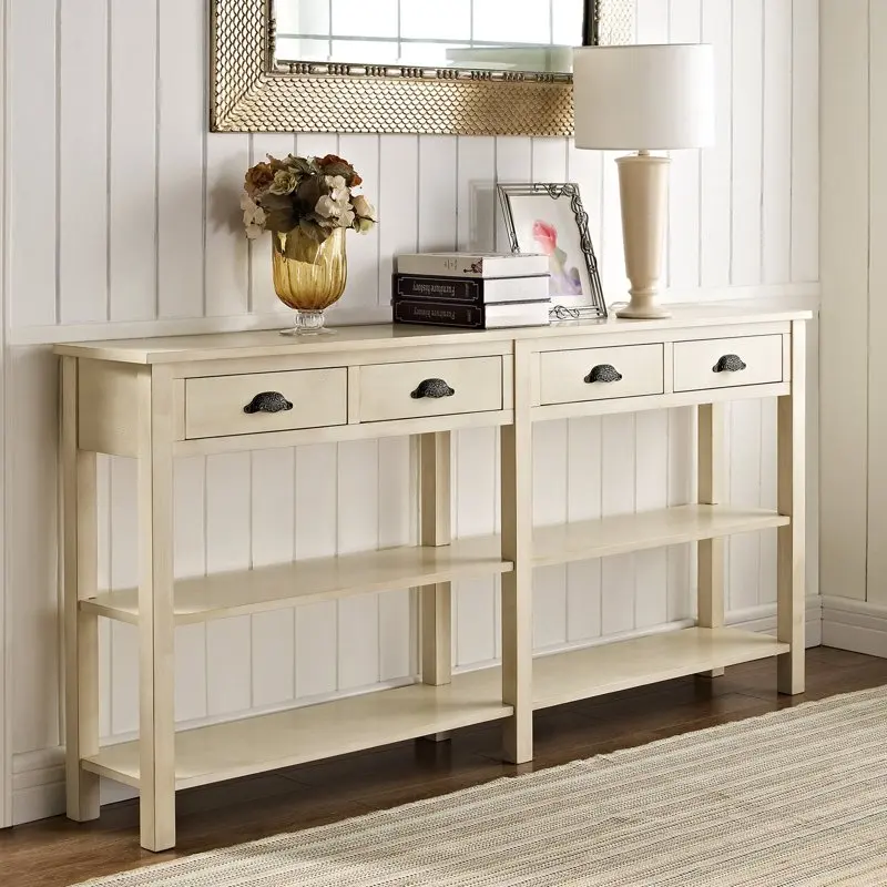 

4-Drawer Long Console Table with Shelf, Soho Cream Crackle