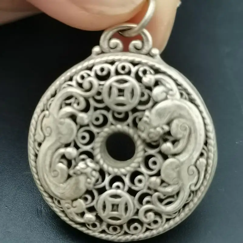 

3,5 см Редкий Старый китайский Серебряный фэн-шуй 2 Pixiu зверь удачи ожерелье кулон