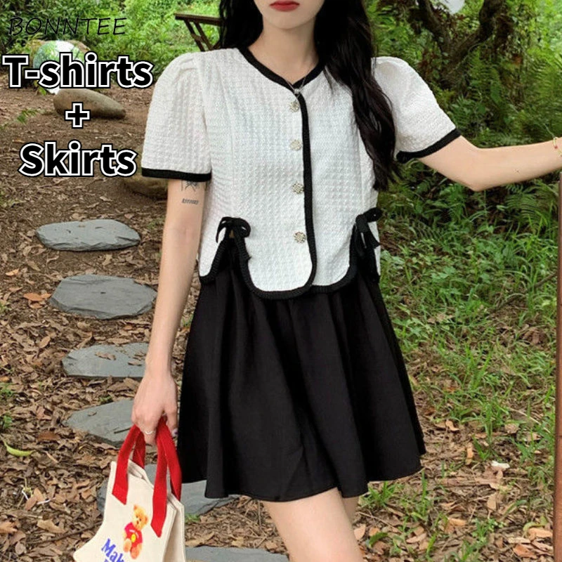 

2 Pcs Sets Women Panelled Vintage T-shirts Elegant Folds Mini Skirts Aesthetic Summer Dating Basics Holiday Mujer Casual Ulzzang