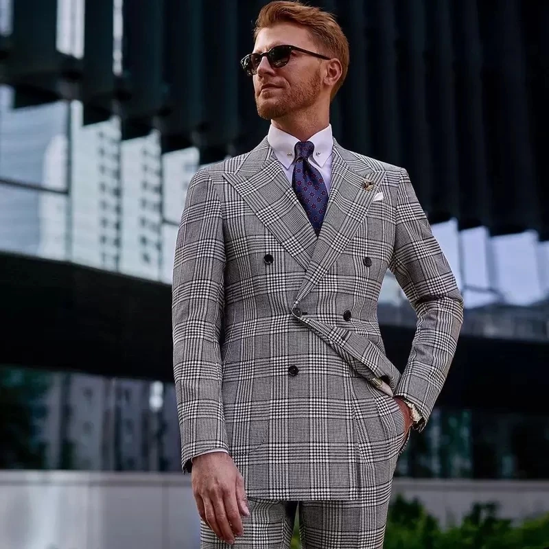 Plaid Men' S Suit 2 Pieces Blazer Pants Tuxedo Double Breasted Stripes Gray Wide Lapel Houndstooth Work Wedding Groom Tailored