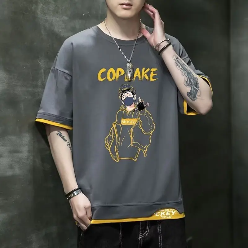 

Hot Summer Men's T-shirt Korean Version of Harajuku High Street Fashion Short Sleeve Top Men's Dark Gray Round Neck Sports T