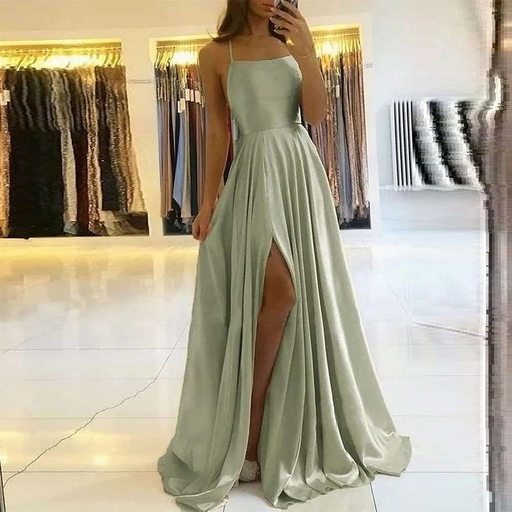 

EAEOVN Thigh-Slit Evening Gown A Line Spaghetti Straps Backless Sexy Evening Dress Sleeveless Sweep Train Simple Prom Dress