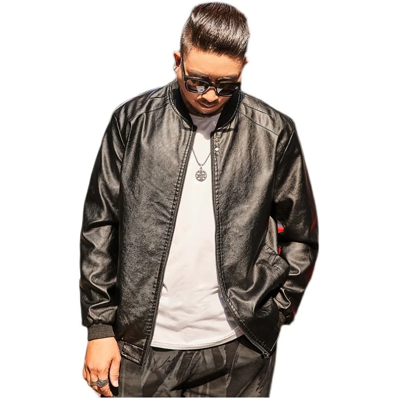 Spring and Autumn Men's Fat Leather Coat Jacket plus Size Plus size Motorcycle Outerwear Lard-bucket PU Loose Fashion...