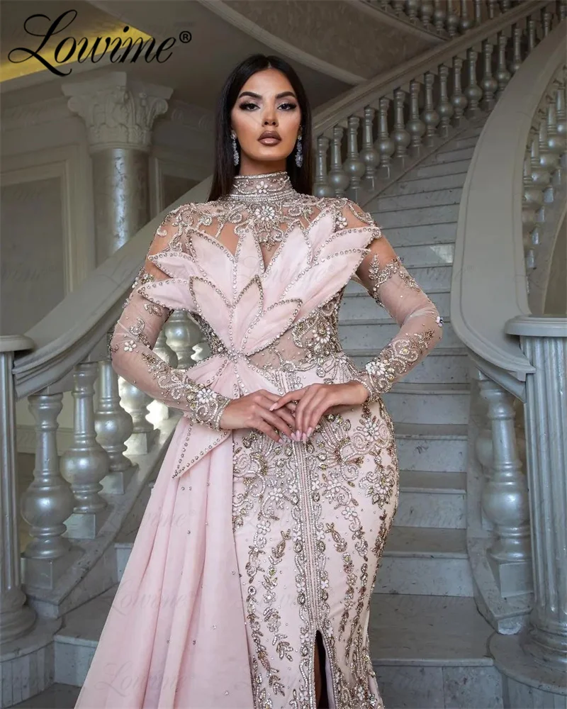 

Abendkleider Pink Dubai Arabic Long Sleeve Party Dress Crystals Beaded Mermaid Party Gowns Evening Dresses For Women Luxury Robe