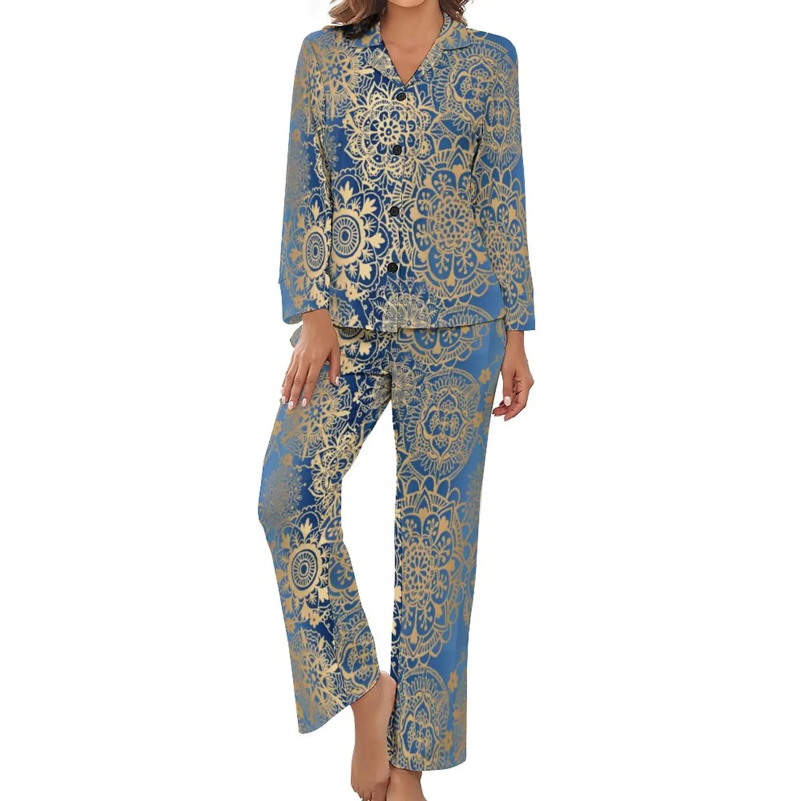 

Vintage Metallic Print Pajamas Gold Mandala Pattern Long Sleeves Lovely Pajama Sets 2 Pieces Home Autumn Nightwear Birthday Gift