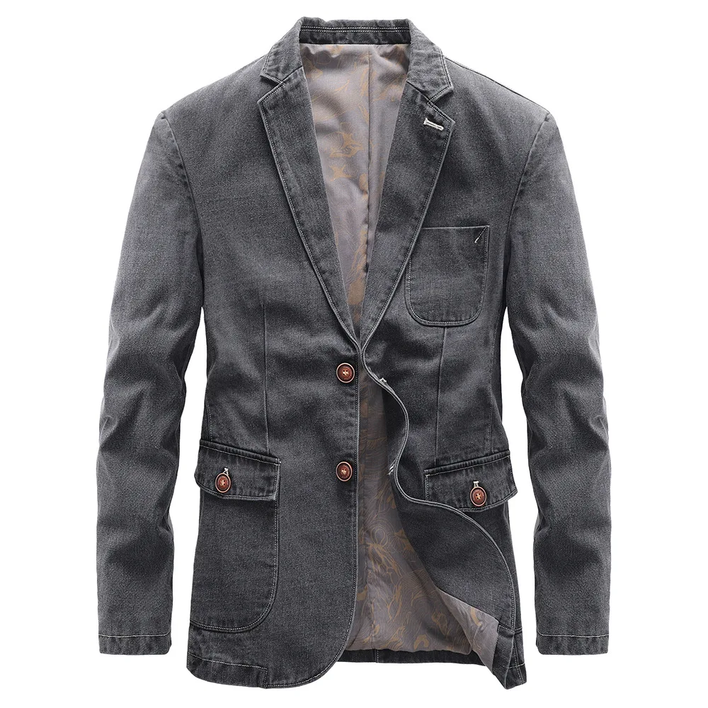 

Men Cotton Denim Suit Jacket Button Up Top Mens Thin Slim Black Gray Suit Spring Blazer Male Outerwear Casual Office Wear 4xl