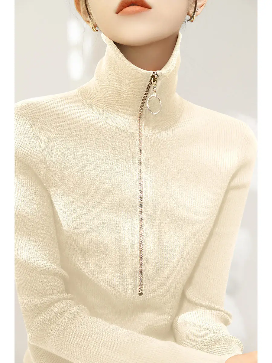 Новый весенний красный свитер с воротником-стойкой и полумолнией облегающий для