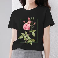 fashion small fresh women clothing t shirt casual commuter top lady flower print pattern black o neck slim sports short sleeves