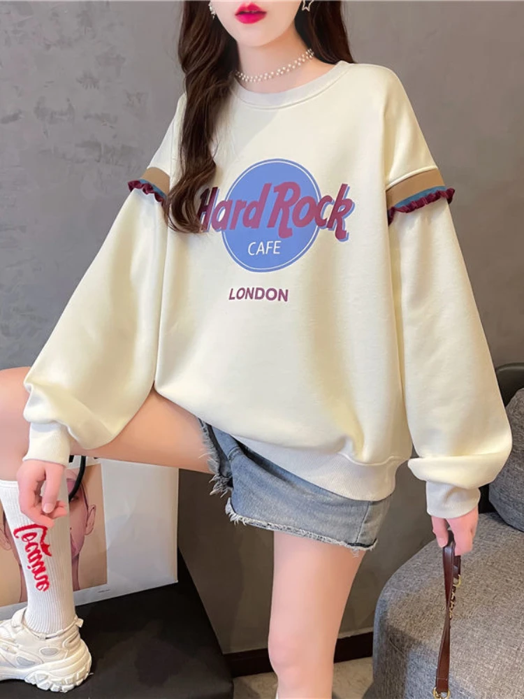 

Long Sleeve Elegant Apricot Korean Pullover Hoodie Women Autrumn Winter Solid Color Sweet Loose Casual Fashion Sweatshirt 2022