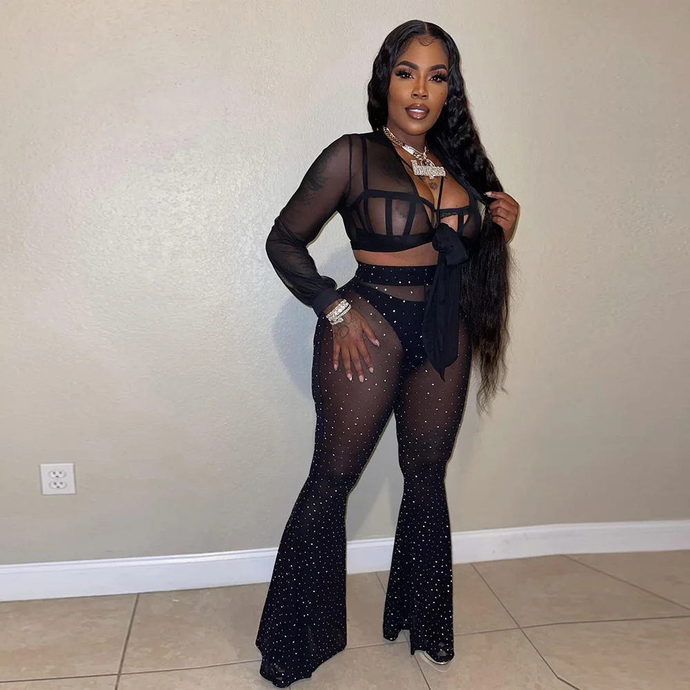 

Summer Sexy Women Solid V-neck Mesh Two Piece Set Long Sleeve Beach Sundress Perspective Two-piece Nightclub Set