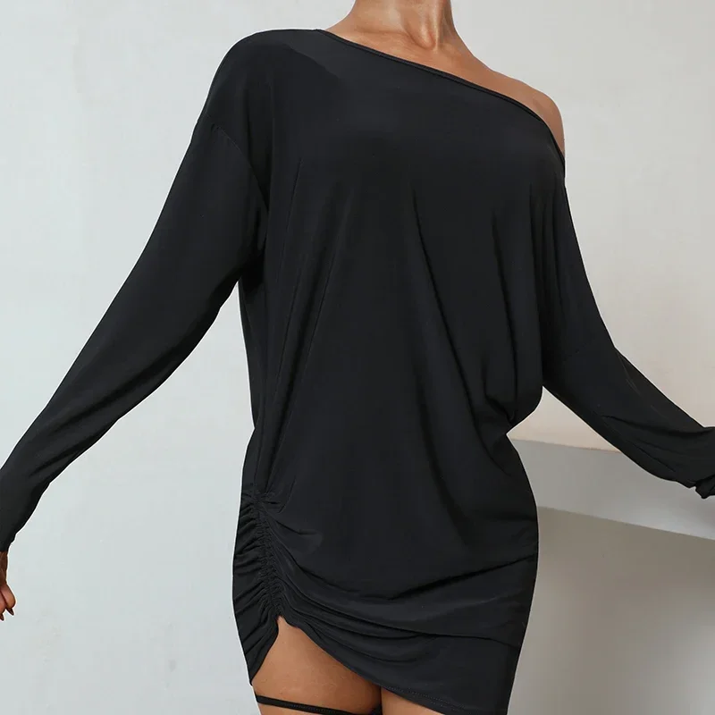 

Женские платья для латиноамериканских танцев, новая черная свободная тренировочная одежда с длинным рукавом и кулиской, зимняя одежда для самбы, румбы, сальсы, DNV14149