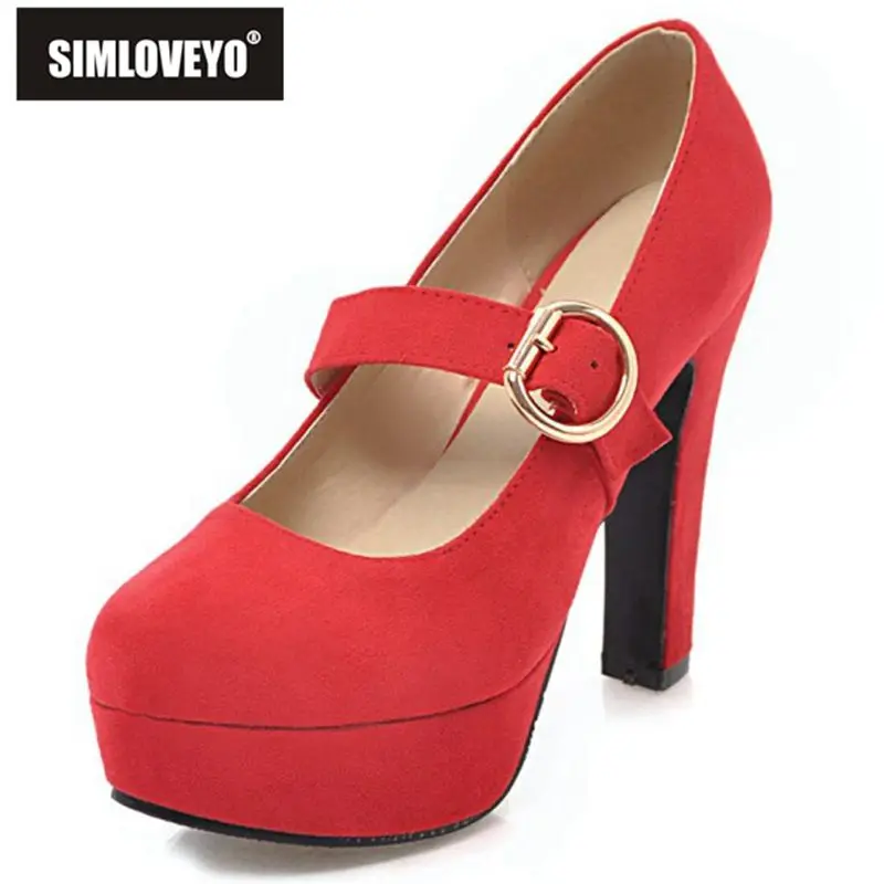 

SIMLOVEYO Platform Ladies Pumps Round Toe 11.5cm High Heels Flock Buckle Strap Shallow Wedding Large Size 32-43 Red Pink S3834