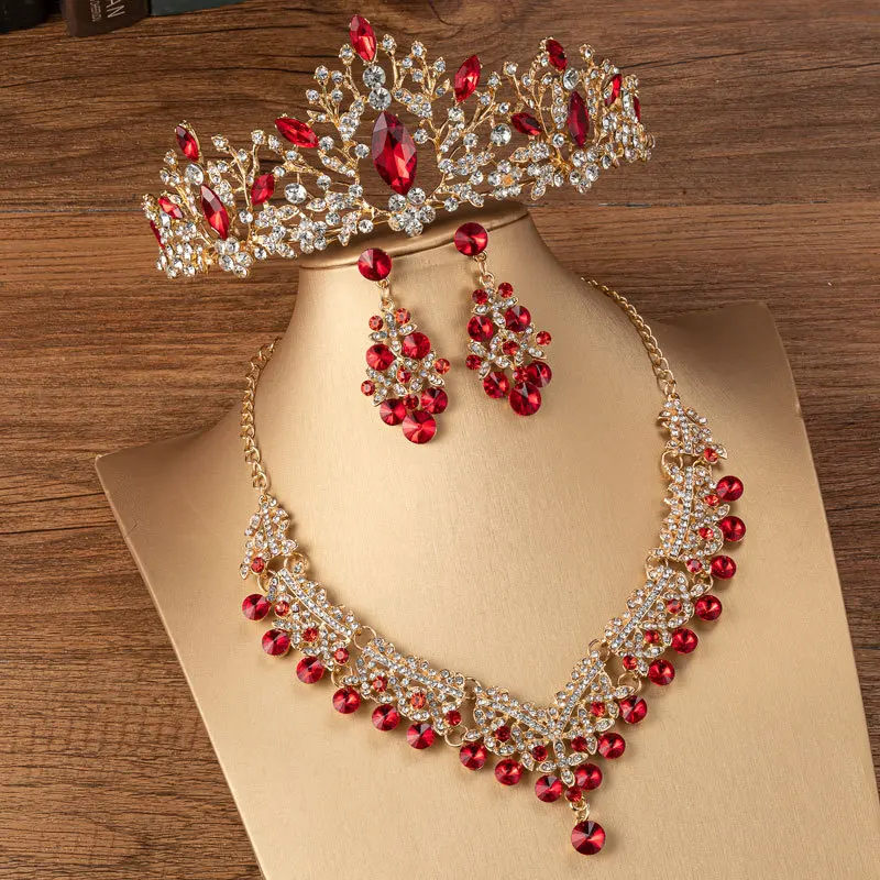 

Gorgeous Red Crystal Bridal Jewelry Sets For Women Pageant Tiaras Luxury Earrings Necklace Crown Bride Wedding Dubai Jewelry Set