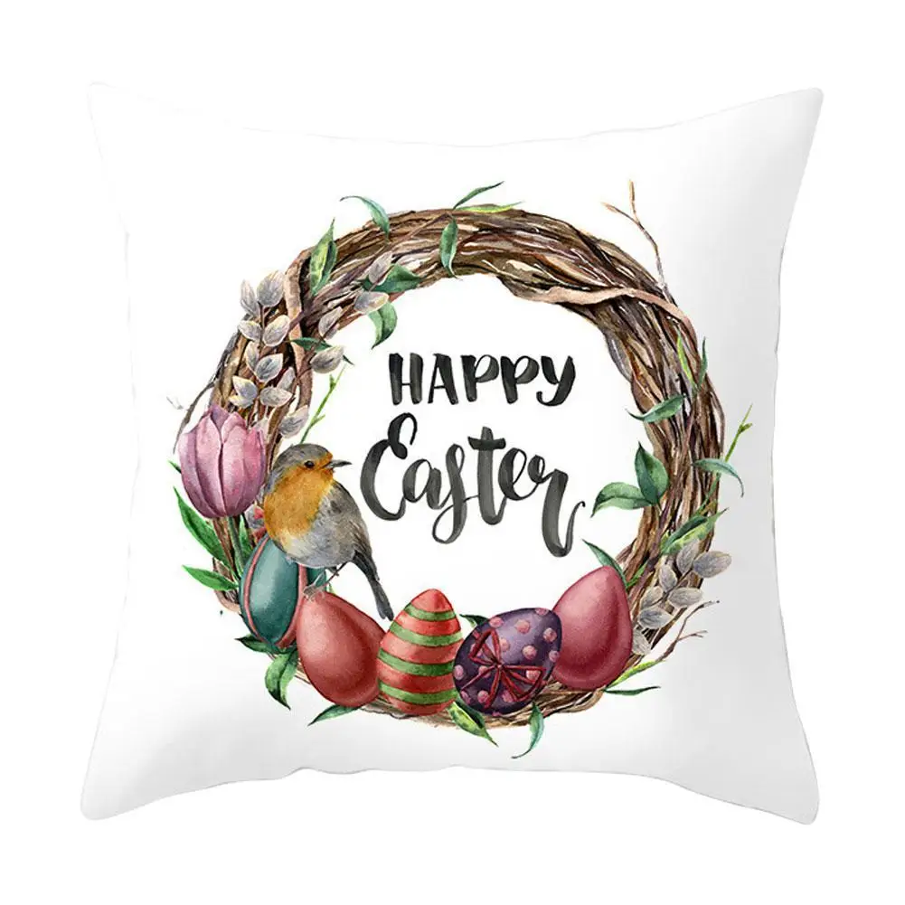 

Happy Easter Words Pillows Case Cute Rabbit Cushion Cover Wreath Printed Throw Pillowcase for Home Sofa Window Seat Decorations