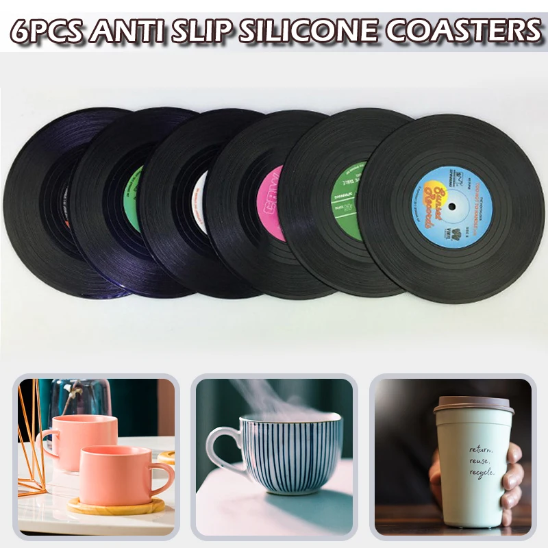 Brand New 6pcs Anti-skid Vintage Record Coaster Beverage Coasters Hot Cold Drinks Environmentally Friendly Plastic Material