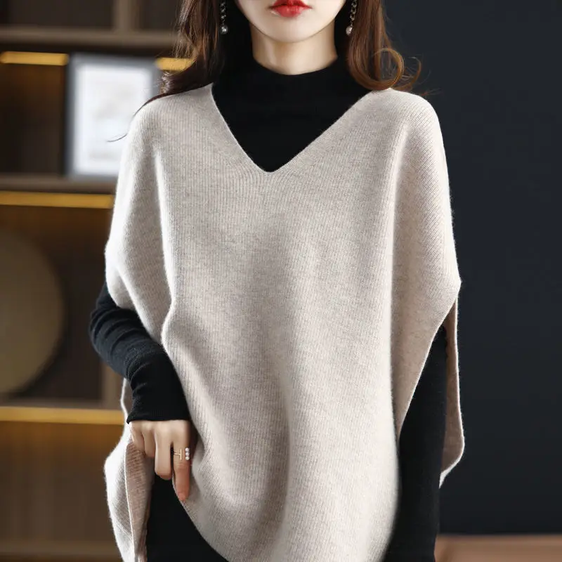 Autumn  winter new large size vest women's V-neck bat sleeves solid  sleeveless loose outer wear knitted women's waistcoat