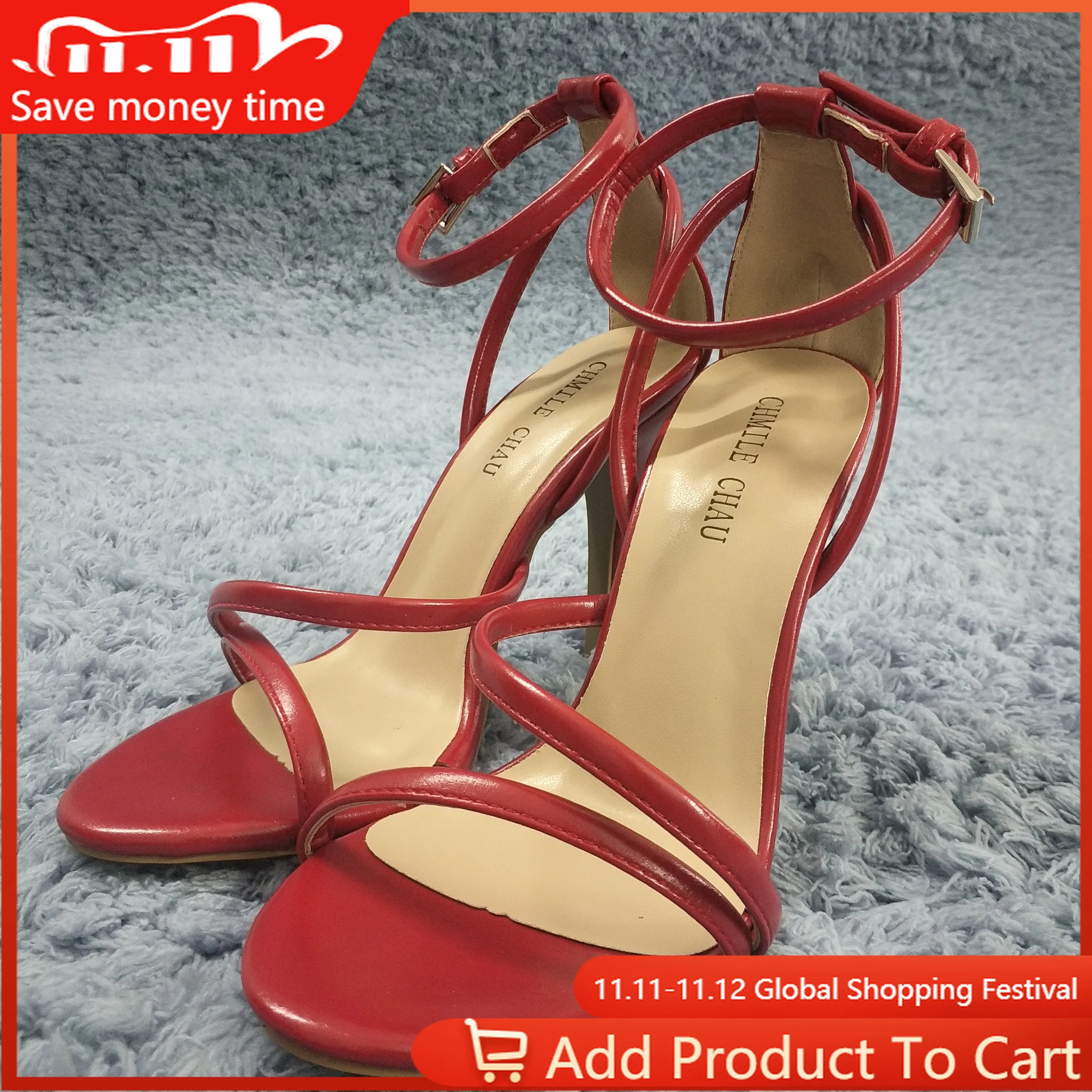 

Women Stiletto Thin High Heel Sandal Sexy Ankle Strap Buckle Open Toe Red PU Party Bridals Ball Lady Shoe 5186-9