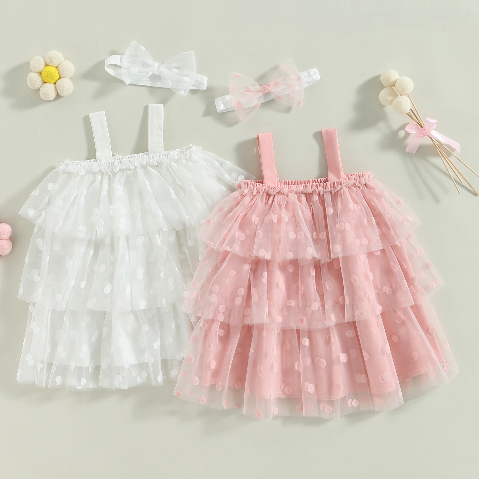 

Toddler Kids Girls Princess Dress Dot Sleeveless Sling Layered Mesh Tulle Cake Dress Summer Sweet Dress with Headband