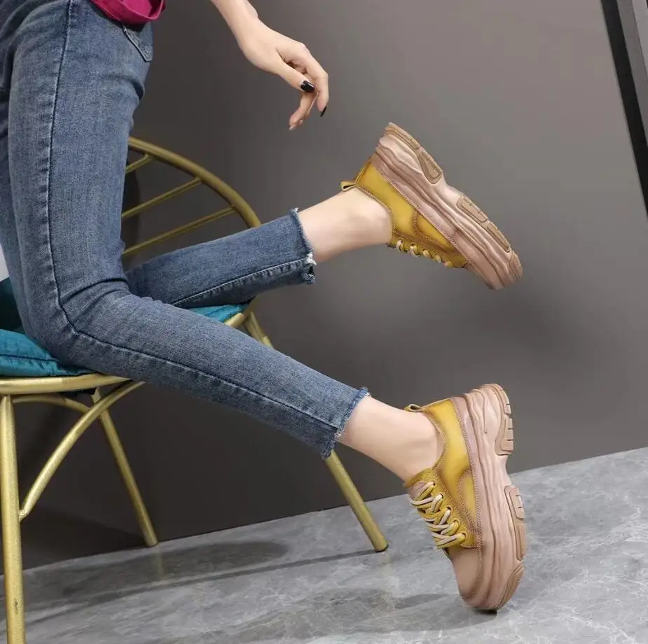 Genuine Leather Shoes For Women 2022 New Thick-Soled British Style Sports Casual Shose Comfy Breathable Fashion Platform Shoes