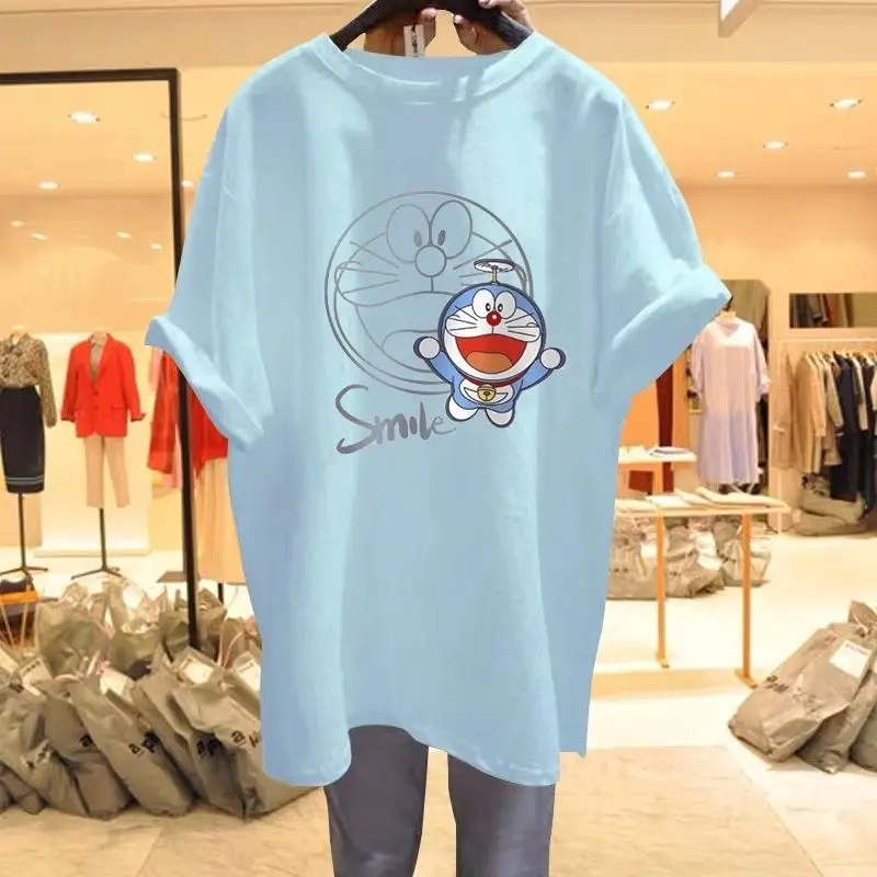 

2022 new blue Doraemon short-sleeved mid-length loose cotton casual half-sleeved student top T-shirt