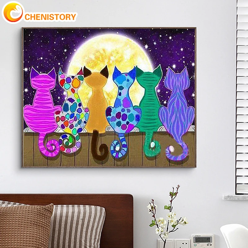

CHENISTORY Oil Painting By Numbers Colorful Cartoon Cat With Frame Pictures By Numbers Animal Number Painting Artwork