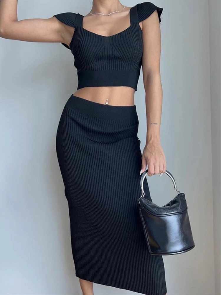 

Knitted Skirt Women Summer White Two Pieces Set Outfits for Women Sets Ladies Tank Tops and Elegant Wrap Pencil Skirts Outfits