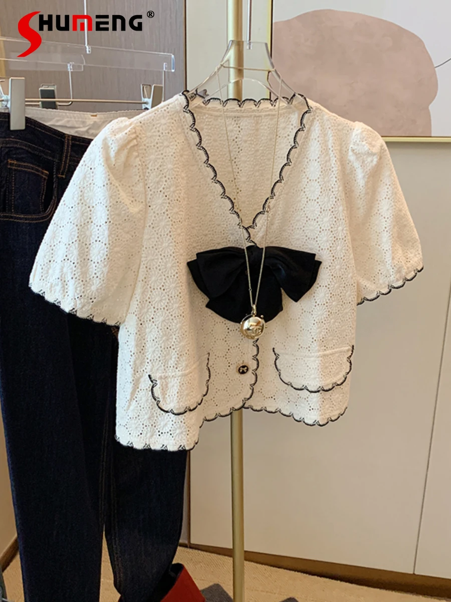 

Femalle Fashion Classic Style Bow V-neck Short-Sleeved Shirt Women's 2022 Summer New French Chic Gentle Solid V-neck Blouses Top