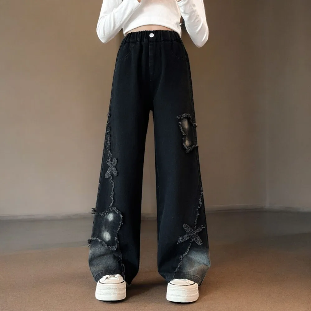 Черные джинсы для девочек детские повседневные брюки широкие мешковатые