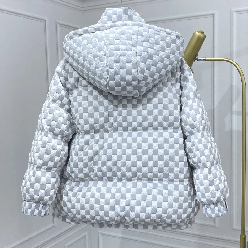 Women Checkerboard Down Jacket Winter Clothing Warmth Parka Loose Korean Fashion Thicken White Duck Down Snow Outerwear Clothing