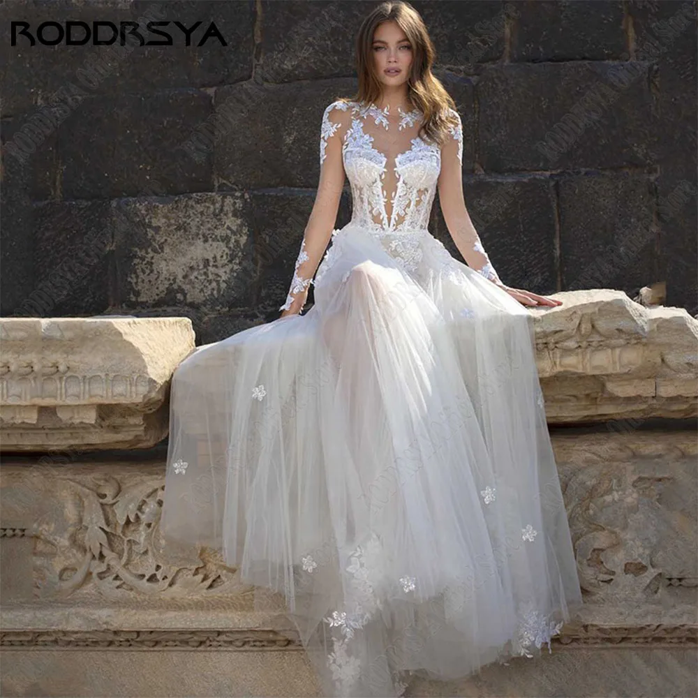 

RODDRSYA Classic Wedding Dresses New 2023 A-Line Long Sleeves Illusion Back Bride Gowns O-Neck Lace Applique vestidos de novia