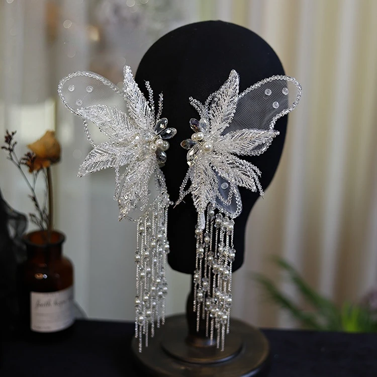 Weiß Spitze Pailletten Kristall Perlen Quaste Schmetterling Flügel Haarnadel Hochzeit Haar Zubehör Haar Clips für Frauen