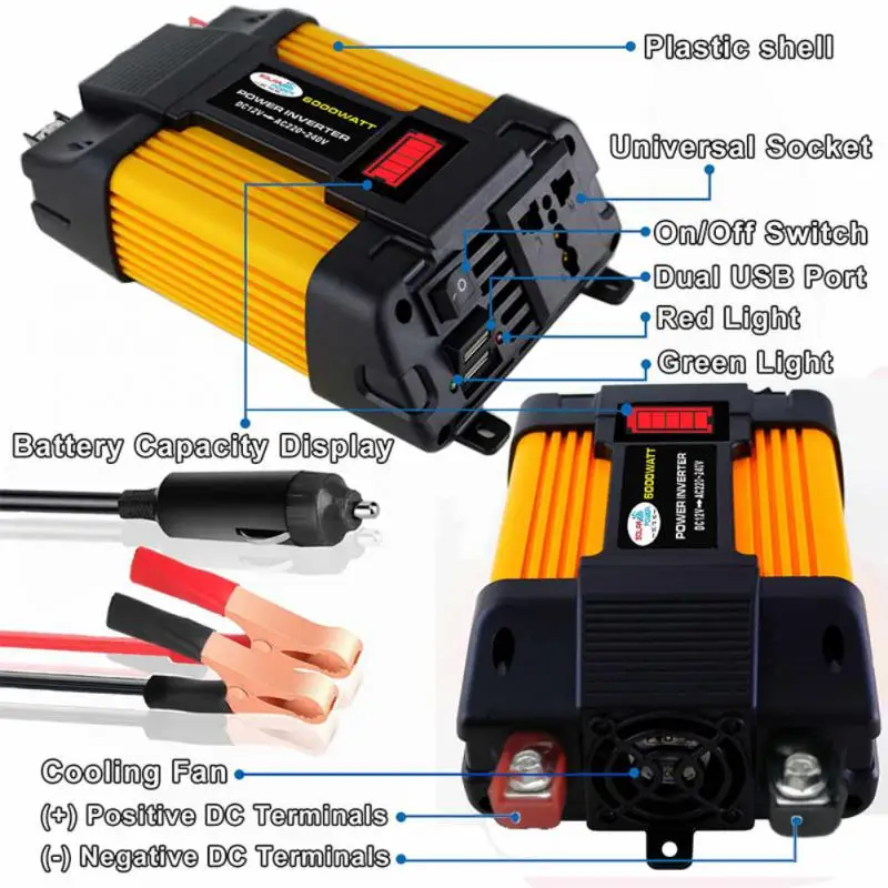 

6000W Car Power Inverter LED Voltage Capacity Display Transformer Converter 12V To 110/220V Dual USB Inverter For Car Appliances