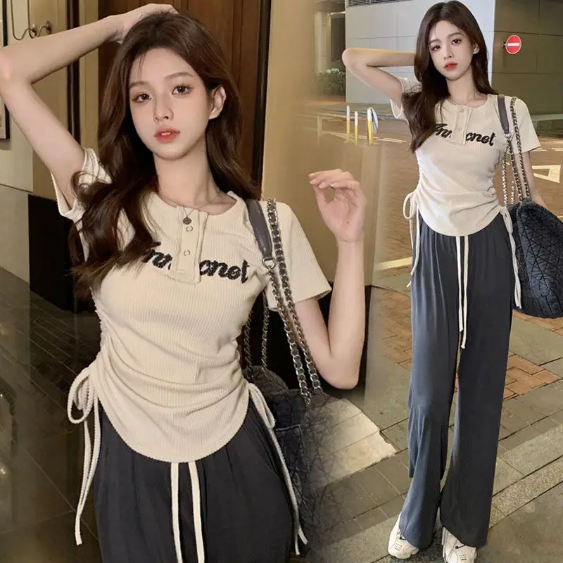 

Spicy letters short-sleeved T-shirt female summer Korean Slim pants Hong Kong flavor casual two-piece suit